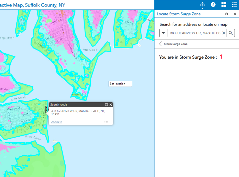 Locate Storm Surge Zone Search Listing Selection displayed graphic